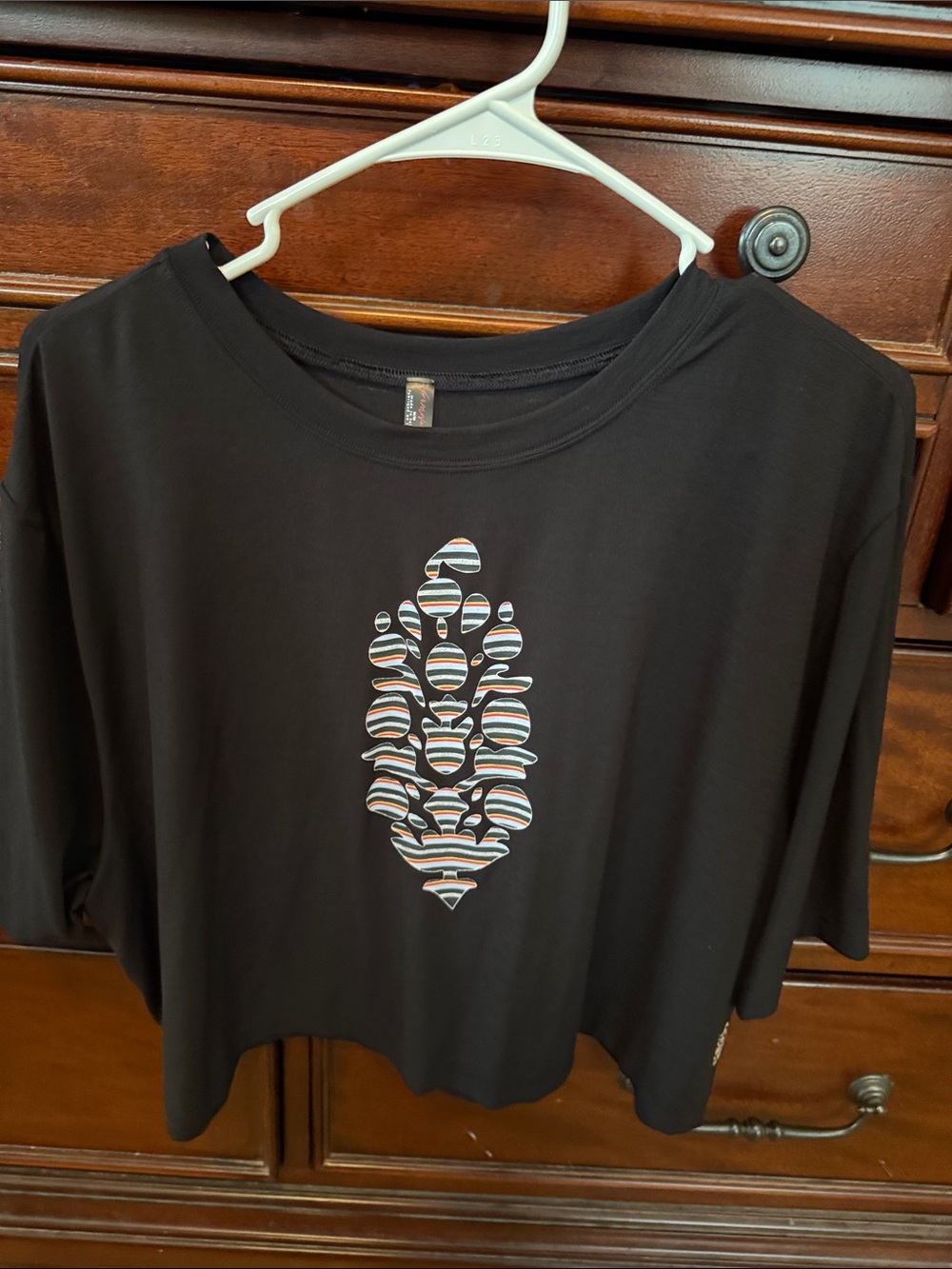 FP Movement by Free People Black Crop Tee with Multicolor Striped Motif